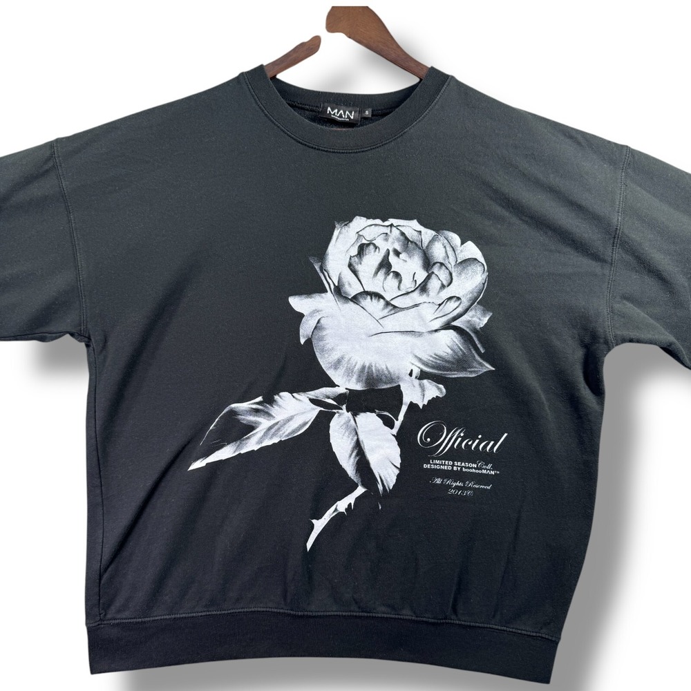 BoohooMan Official Limited Season Black Rose Graphic Sweatshirt Mens Small S